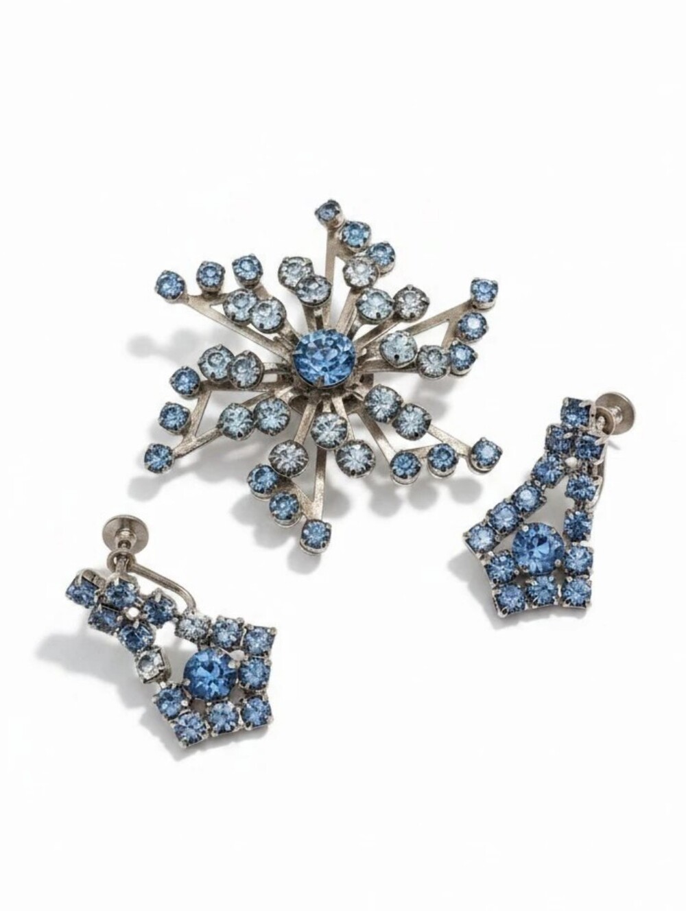 Blue Ice Crystal Starburst Brooch and Earrings Set